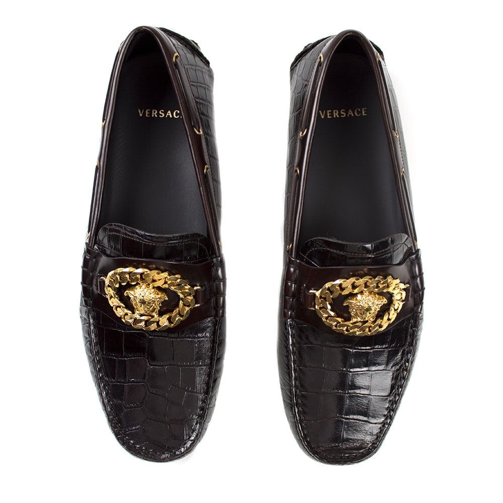Versace Mock Croc Medusa Chain Loafers Brown