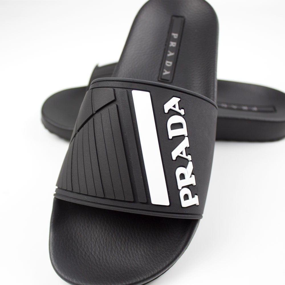 Prada Logo-Embossed Rubber Sliders Black/White/Grey
