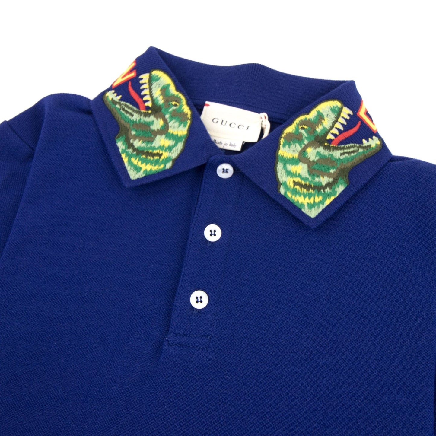 Gucci Junior Embroidered Dinosaur Collar Polo Shirt Blue 4622