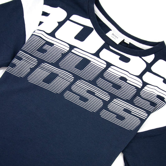 Hugo Boss Kids Logo Print Colour Block T Shirt Navy
