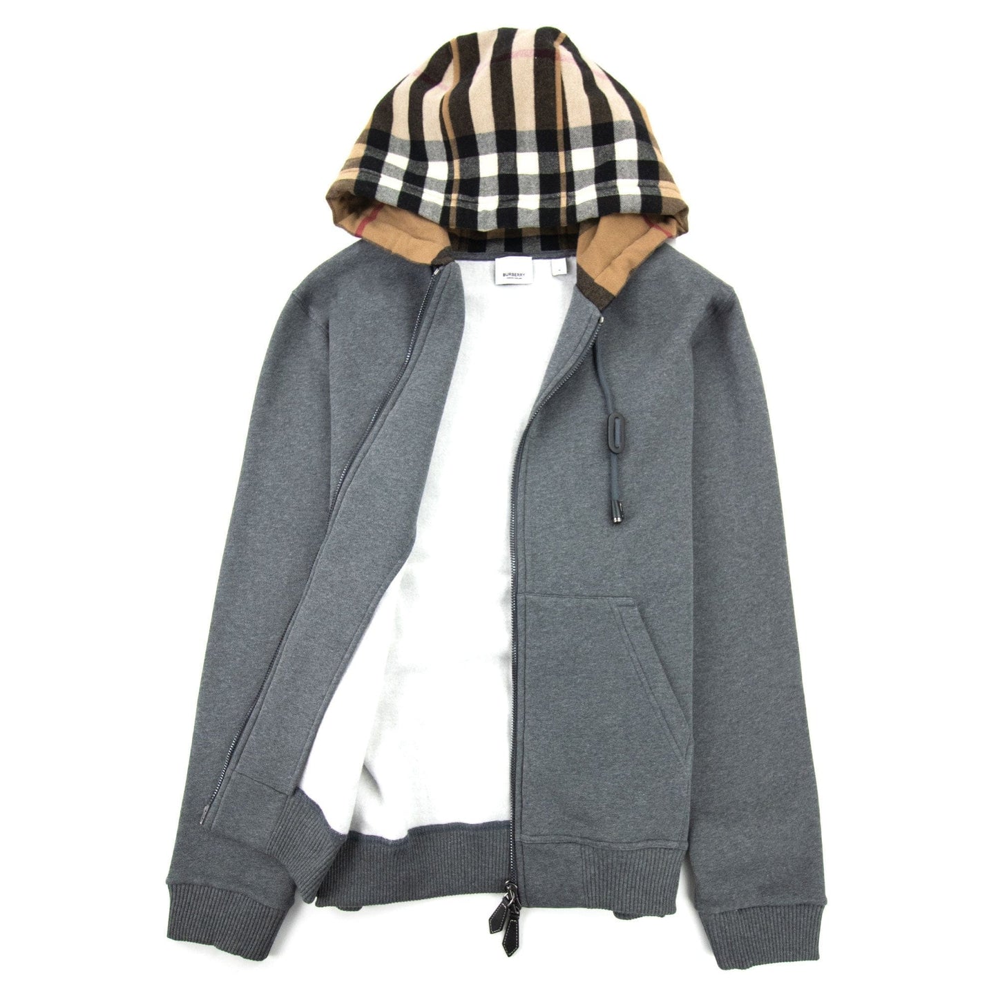 Burberry Check Hood Cotton Blend Hooded Top Dark Grey Melange