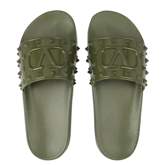 Valentino Khaki Logo Embossed Rubber Sliders