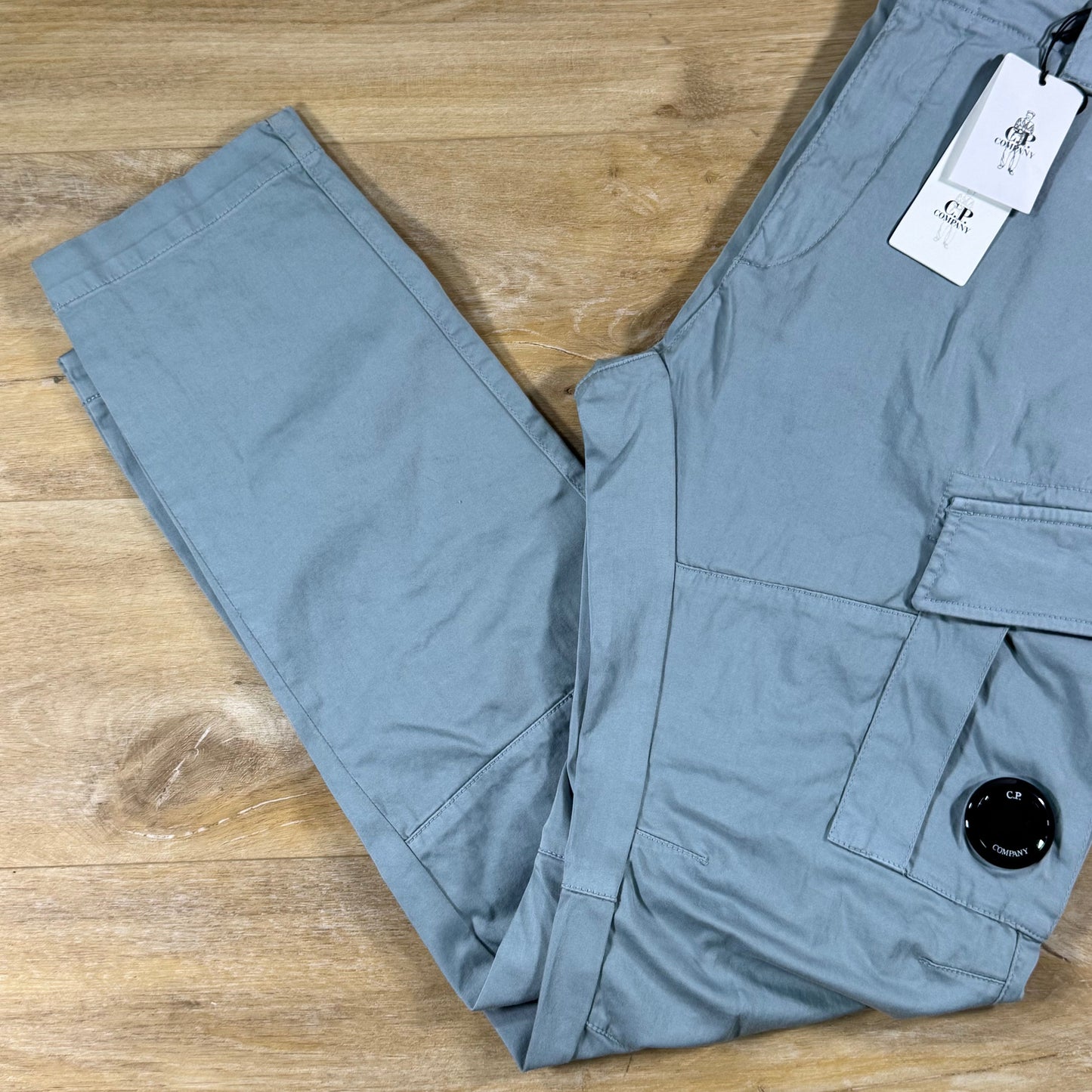 C.P. Company Stretch Sateen Ergonomic Lens Cargo Pants in Silver Blue