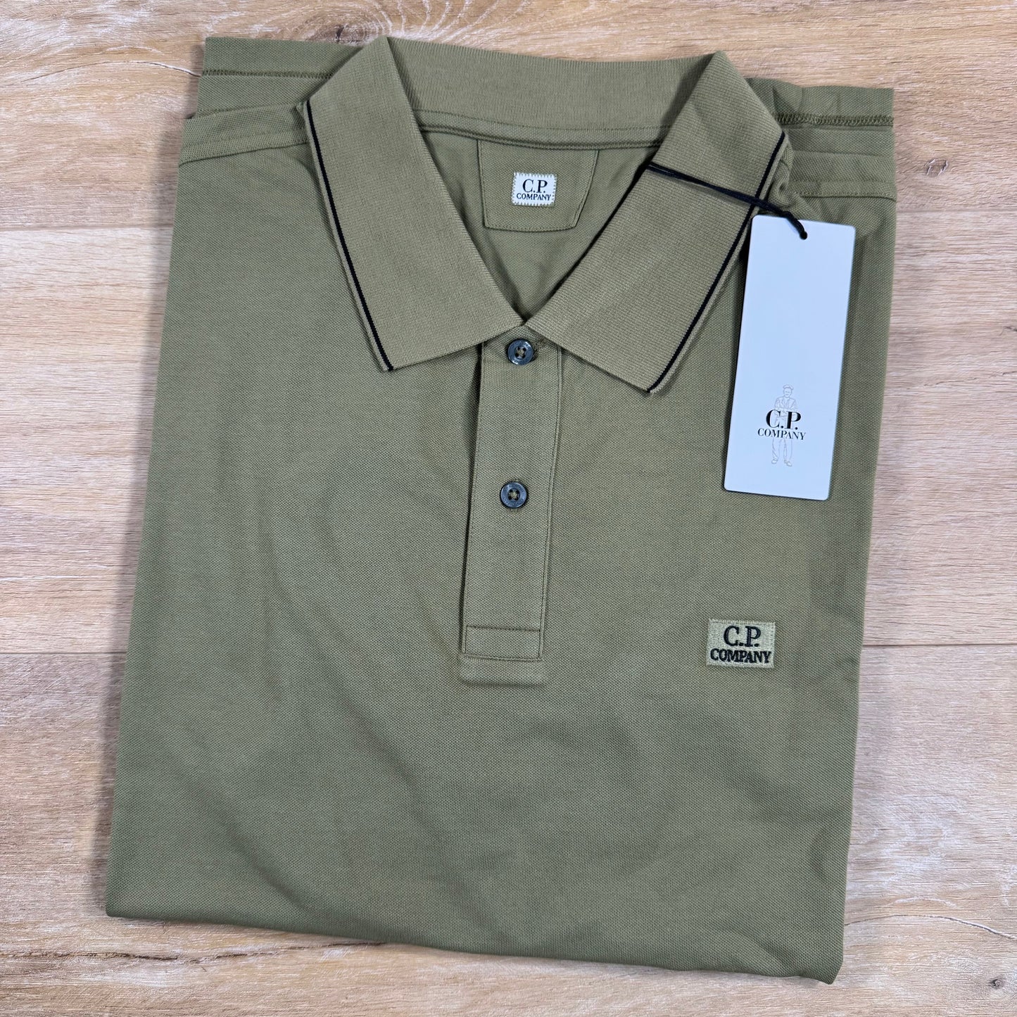 C.P. Company Stretch Piquet Striped Collar Polo Shirt in Dried Herb - Green