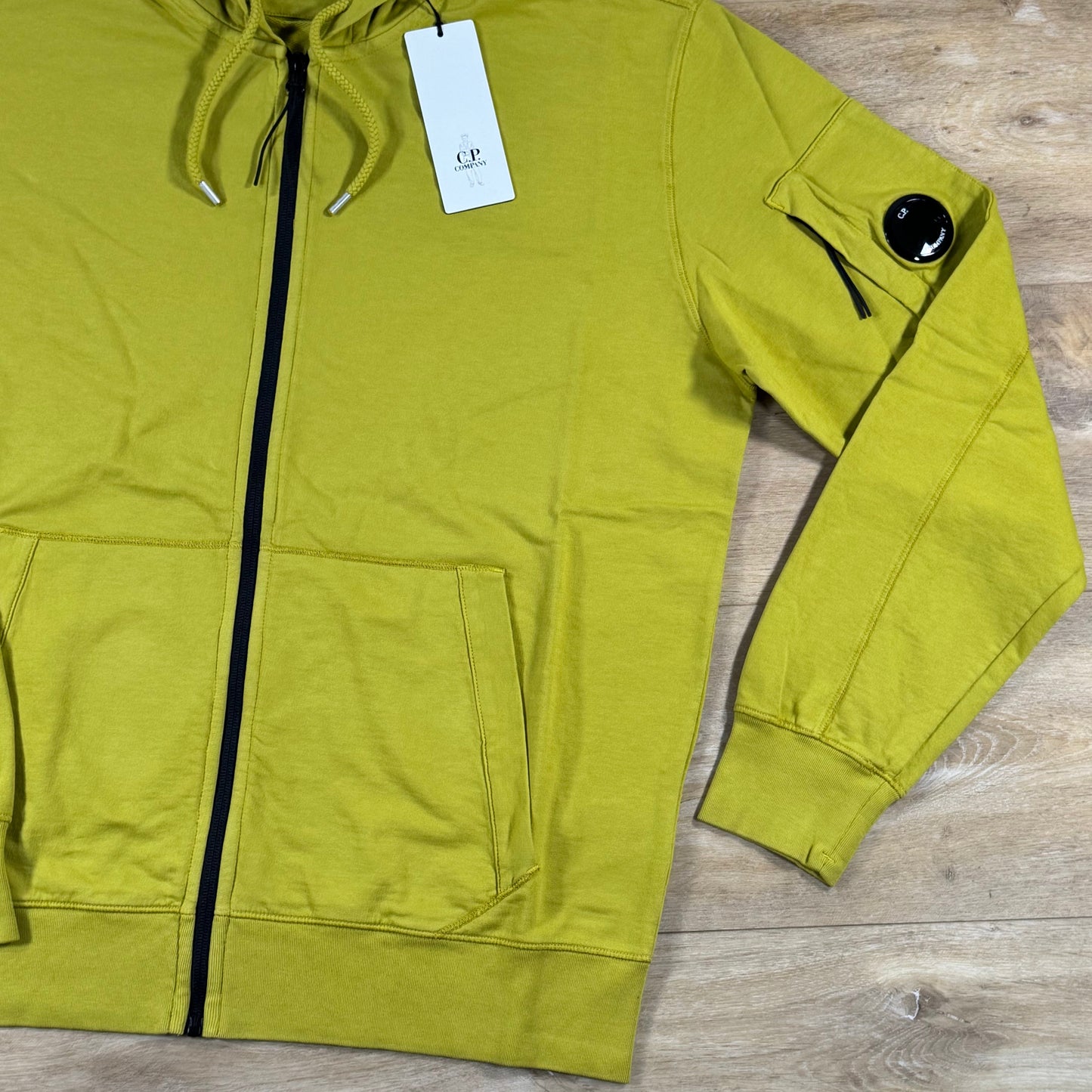 C.P. Company Light Fleece Zip Lens Hoodie in Antique Moss - Yellow
