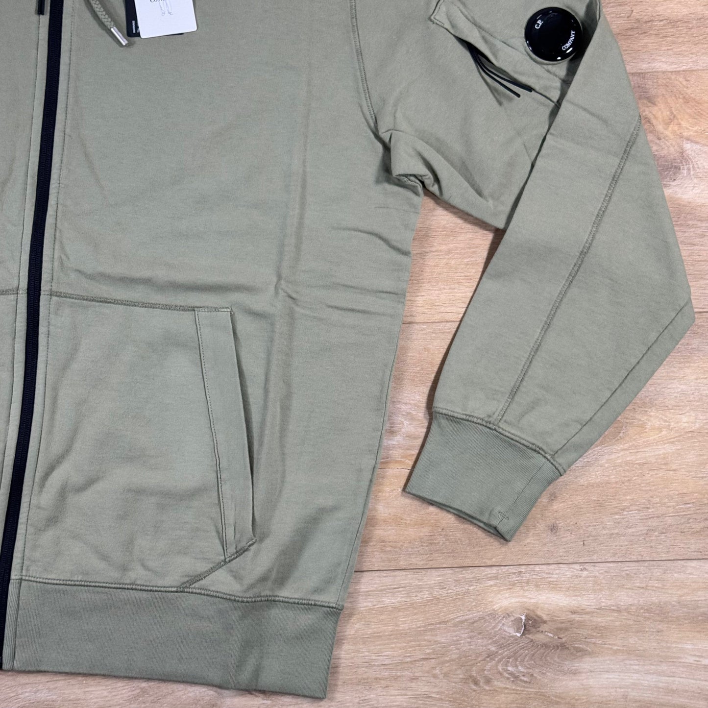 C.P. Company Light Fleece Zip Lens Hoodie in Moss Gray - Green