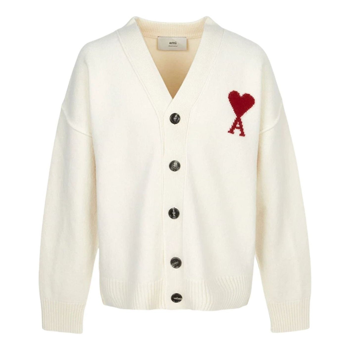 AMI Big Heart Logo Felt Merino Wool Cardigan 'Ivory Red' UKC367-018-154