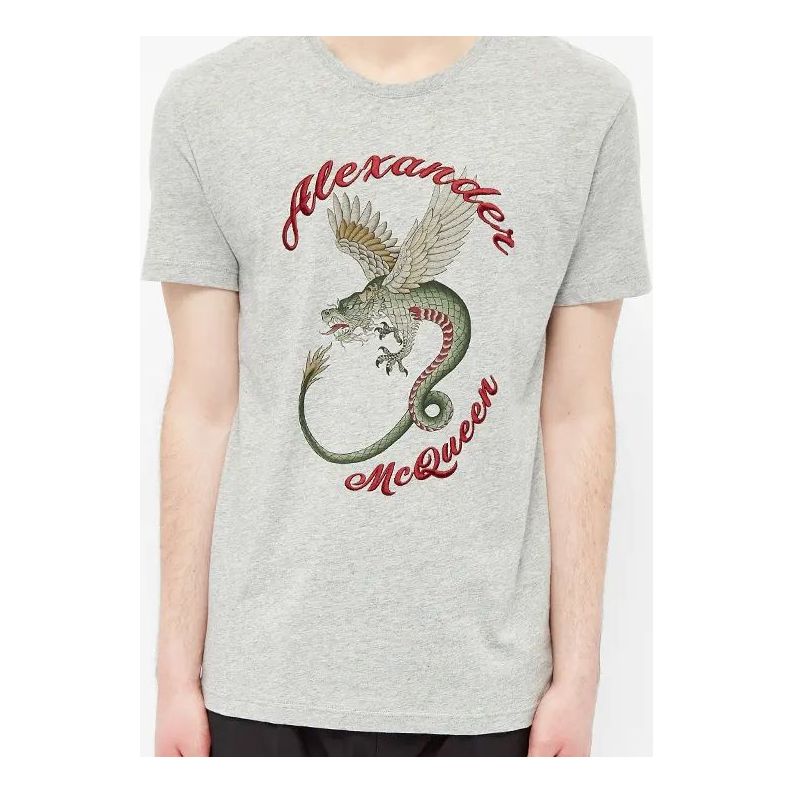 Men's Alexander McQueen Dragon Pattern Short Sleeve Gray 609578-QOZ92-0902