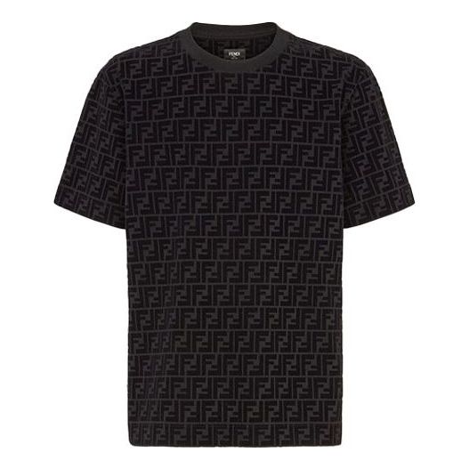 Men's FENDI Full Print F Black Brown Logo Printing Short Sleeve Black T-Shirt FY0936A7D5F0ABB