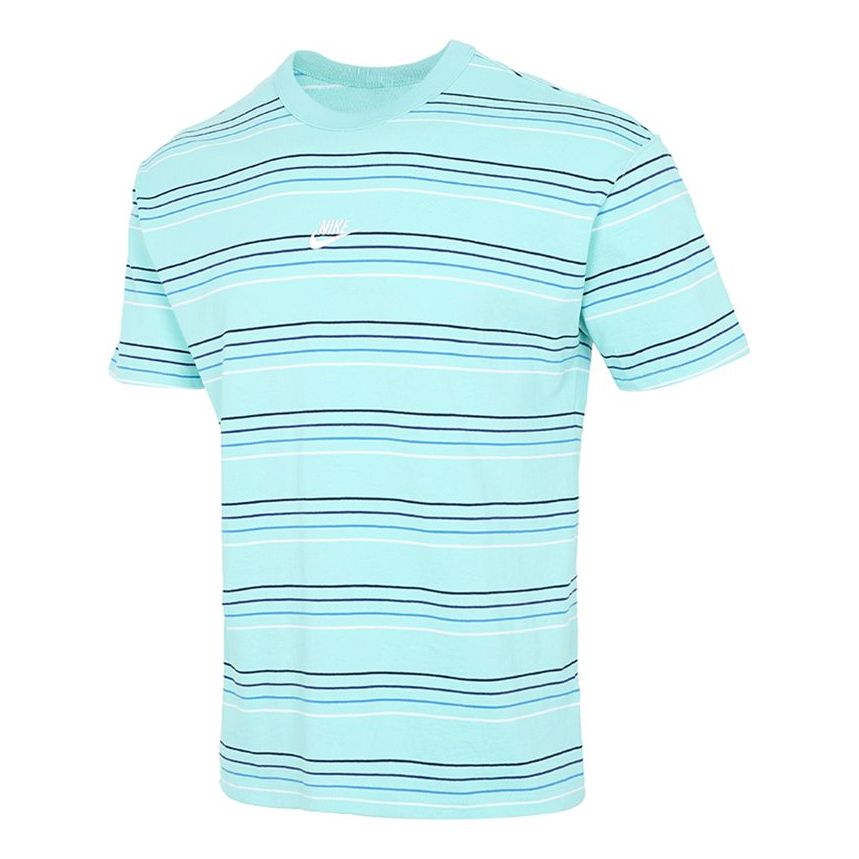 Men's Nike Sportswear Embroidered Logo Stripe Loose Knit Sports Short Sleeve Blue Green T-Shirt DB6532-307