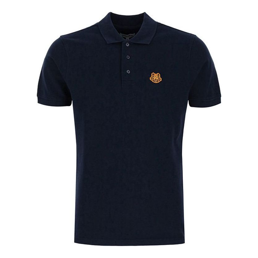 Men's KENZO SS21 Small Tiger Head Embroidered Short Sleeve Polo Shirt Navy Blue FA65PO0014PU-76