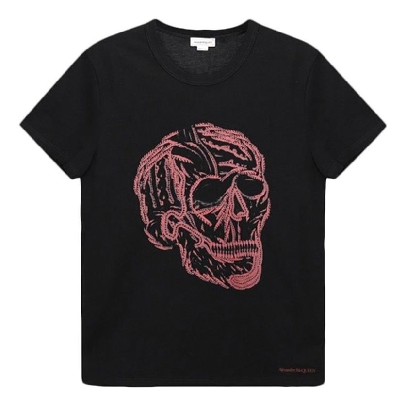 Men's Alexander McQueen SS21 Skeleton Pattern Round Neck Short Sleeve Black 631391-QPZ87-0911