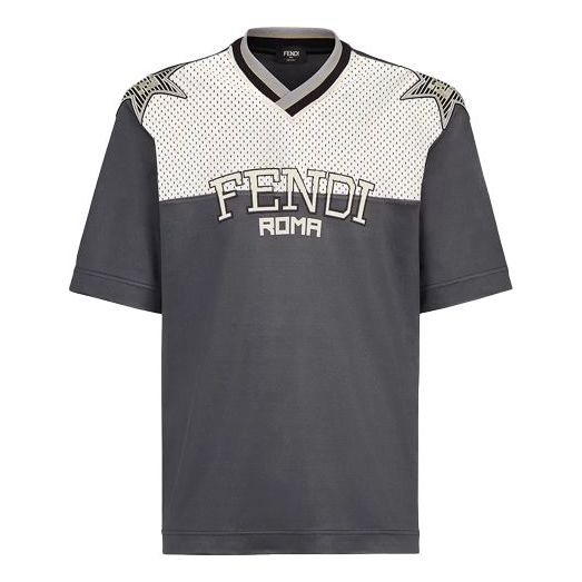 Men's FENDI SS21 Mesh Splicing Alphabet Short Sleeve Gray FAF629A52EF1DS1