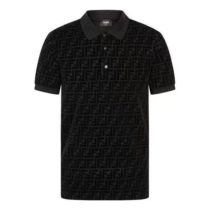 Men's FENDI FF Alphabet Dark Pattern Printing Short Sleeve Black Polo Shirt FY0985A7D5F0ABB