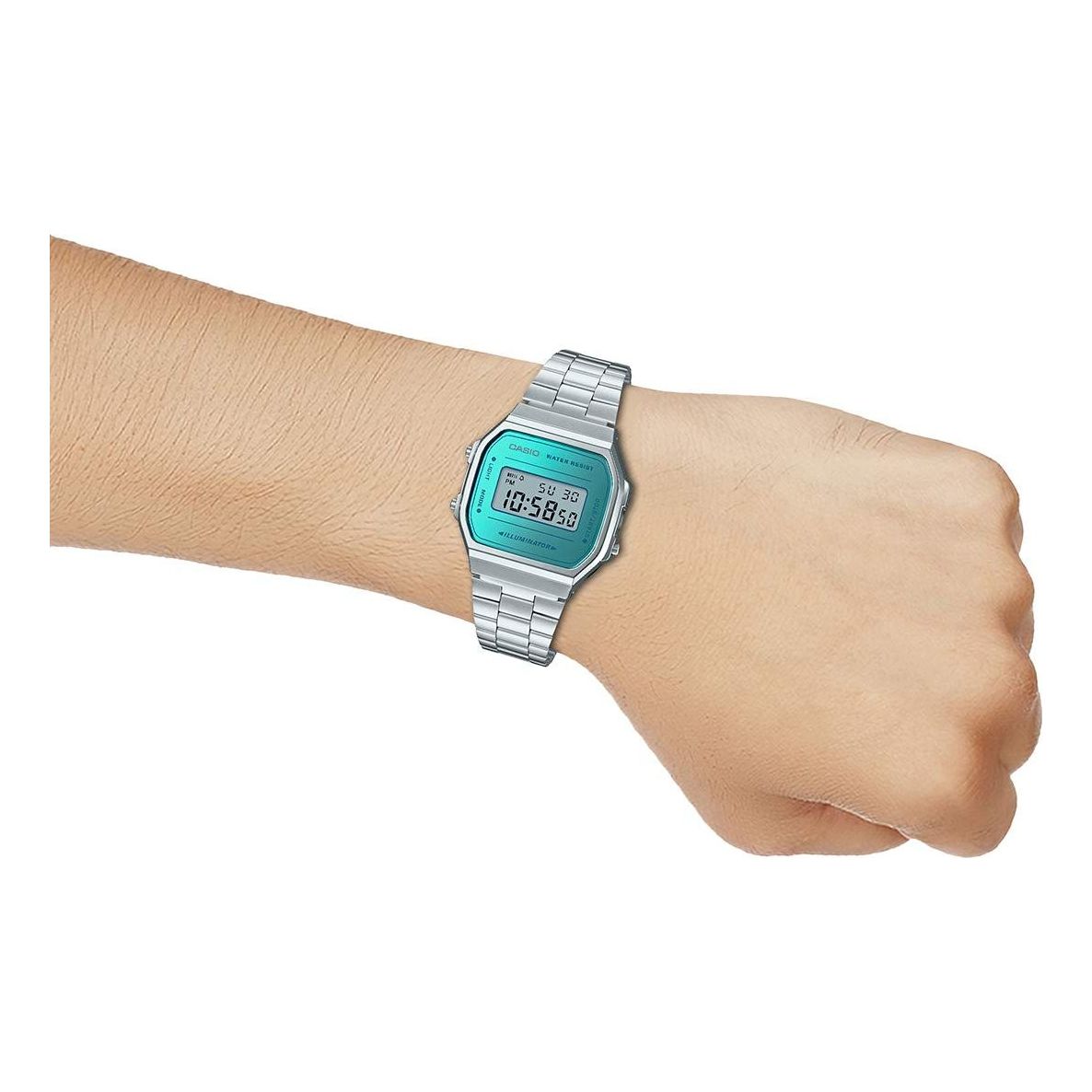 CASIO Stainless Steel Strap Waterproof Unisex Mens SilverBlue Digital A168WEM-2D