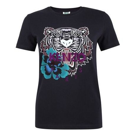 KENZO Multi-Color Printing Tiger Head Purple Alphabet Short Sleeve Navy Blue F862TS7634YG-78