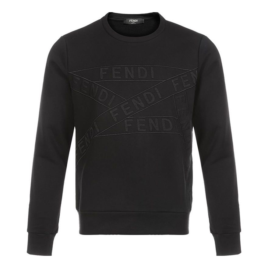Men's FENDI Logo Embroidered Round Neck Long Sleeves Black FAF535AD3RF0GME