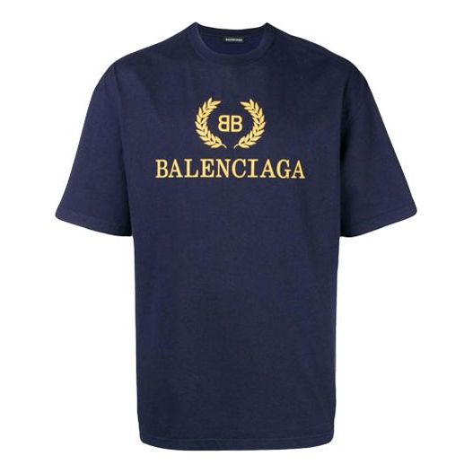 Men's Balenciaga Logo Round Neck Short Sleeve Navy Blue 535622TAV044128