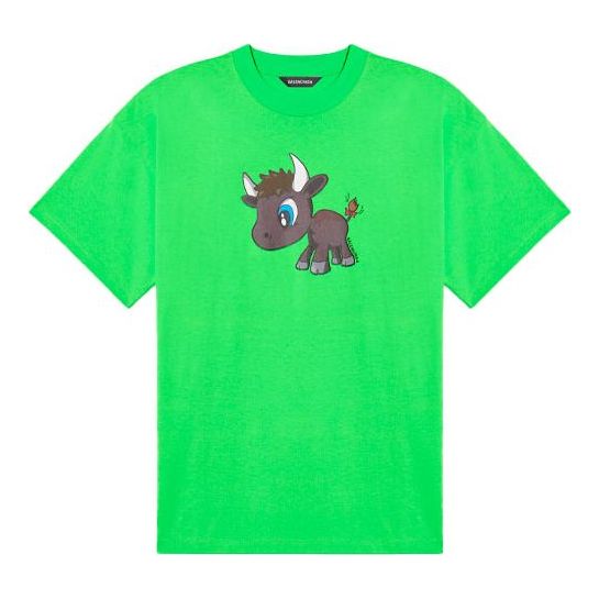 Balenciaga SS21 Small Pattern Cartoon Printing Short Sleeve Unisex Green 612966TJVM93302