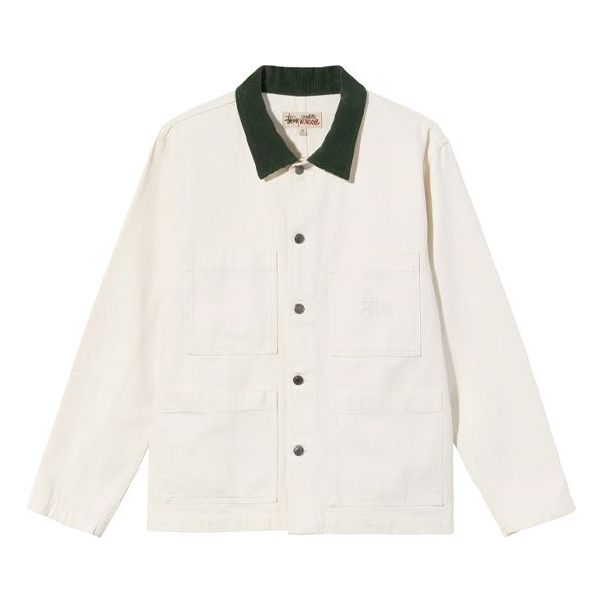 Stussy Cord Collar Canvas Chore Jacket Solid Color Multiple Pockets lapel Unisex White 115592