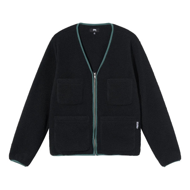 Stussy FW21 Polar Fleece Cardigan Solid Color Multiple Pockets Jacket Unisex Black 218131