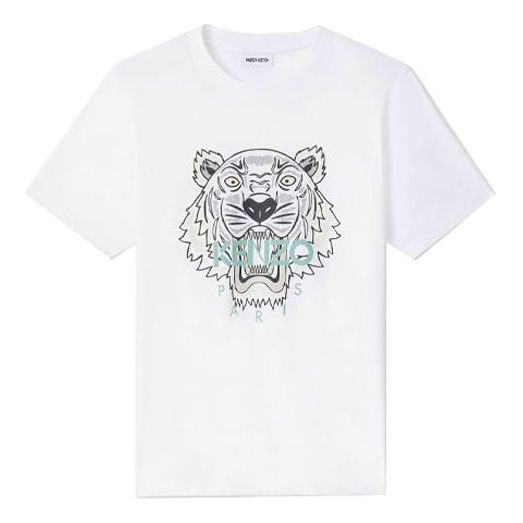 Men's KENZO Tiger Head Printing Pattern Round Neck Short Sleeve White FA65TS0204YA-01