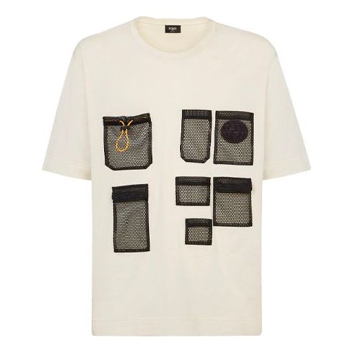 Men's FENDI FW21 Mesh Pocket Cotton Short Sleeve White T-Shirt FY0936AGAIF0AU5