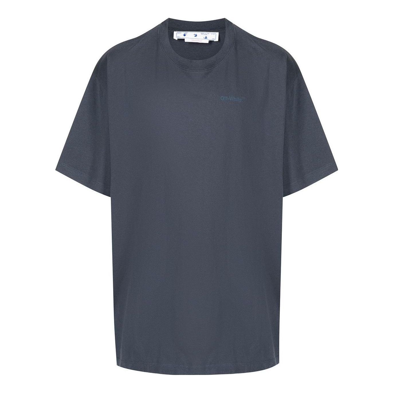 Men's Off-White Stripe Printing Short Sleeve Loose Fit Navy Blue T-Shirt OMAA038S22JER0024646