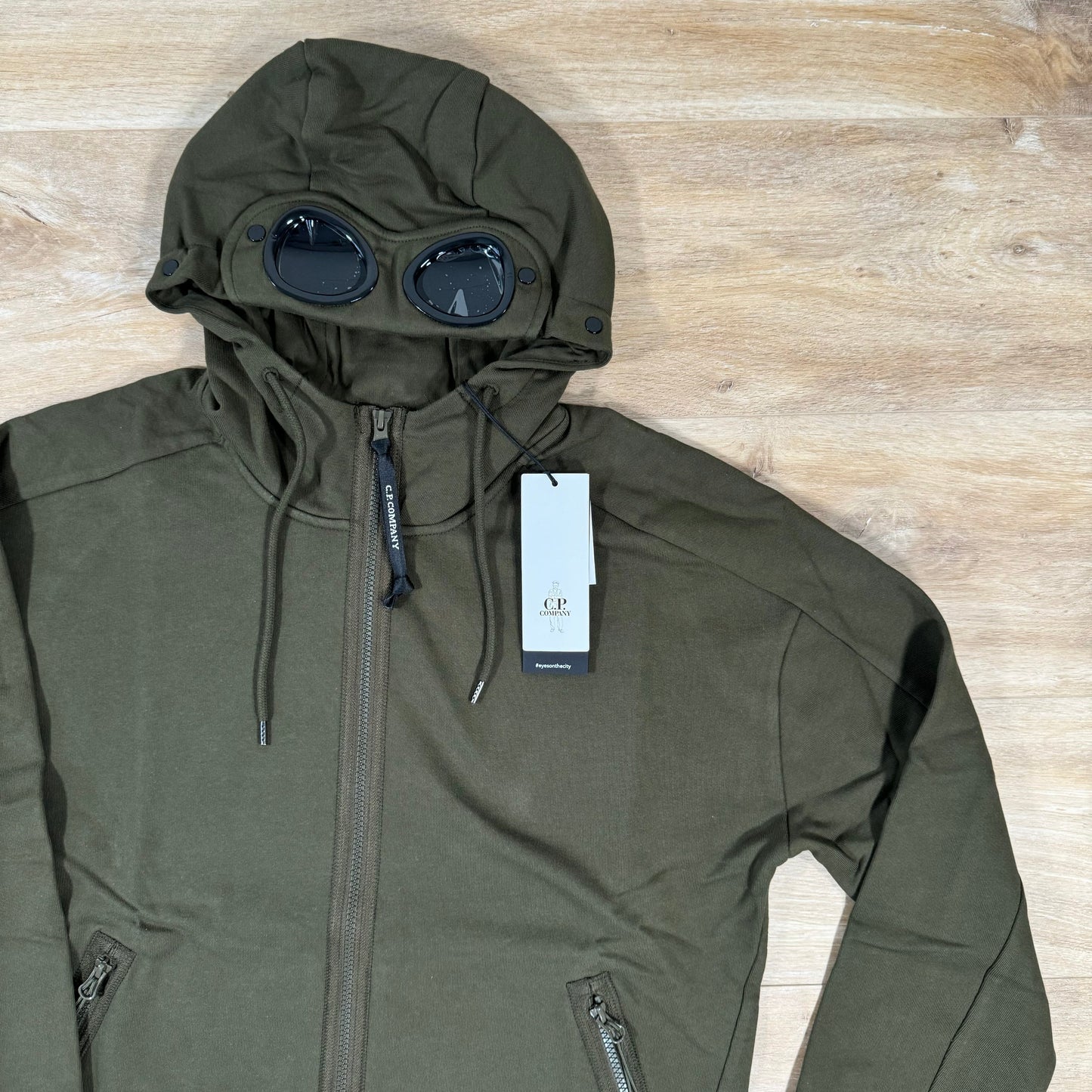 C.P. Company Diagonal Raised Fleece Goggle Hoodie in Ivy Green