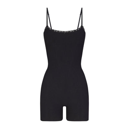 SKIMS SOFT LOUNGE LACE SCOOP ONESIE ONYX