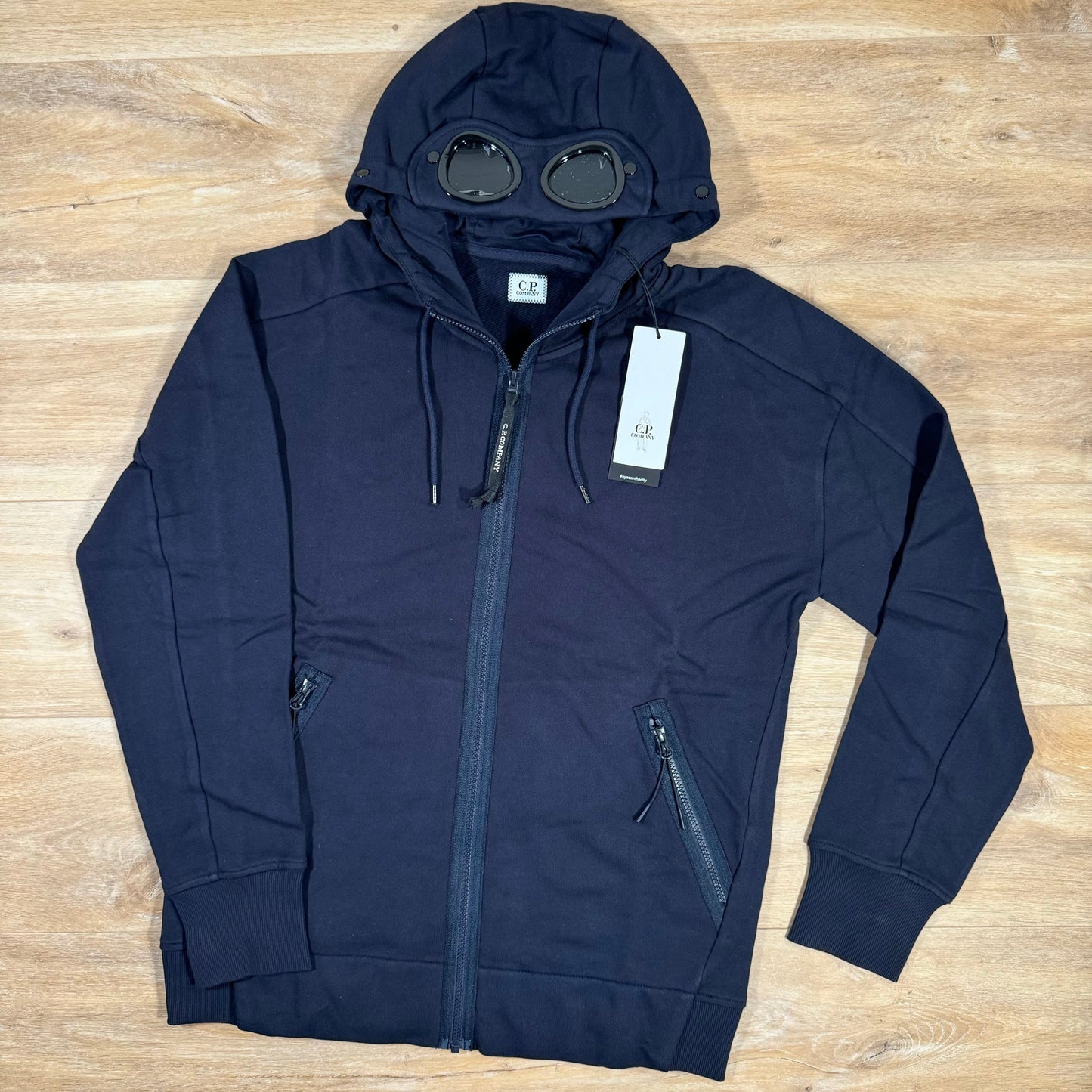 C.P. Company Diagonal Raised Fleece Goggle Hoodie in Navy