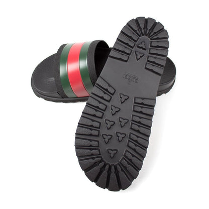 Gucci Band Striped Web Rubber Sliders Black