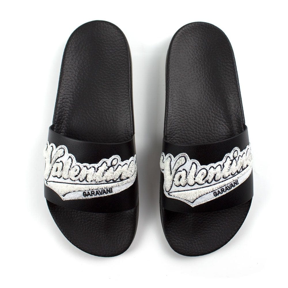 Valentino Applique Logo Leather Slides Black