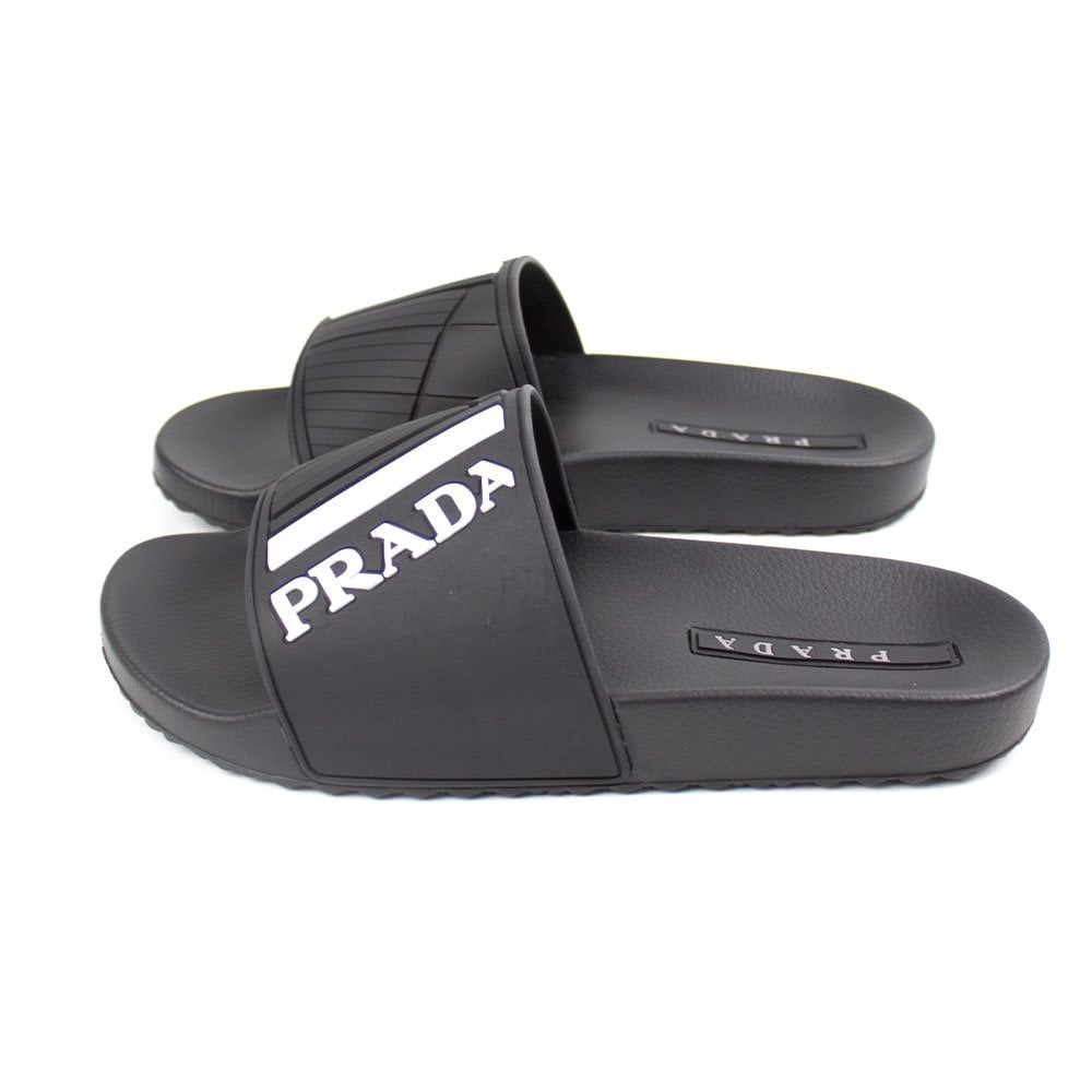 Prada Logo-Embossed Rubber Sliders Black/White/Grey