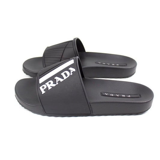 Prada Logo-Embossed Rubber Sliders Black/White/Grey