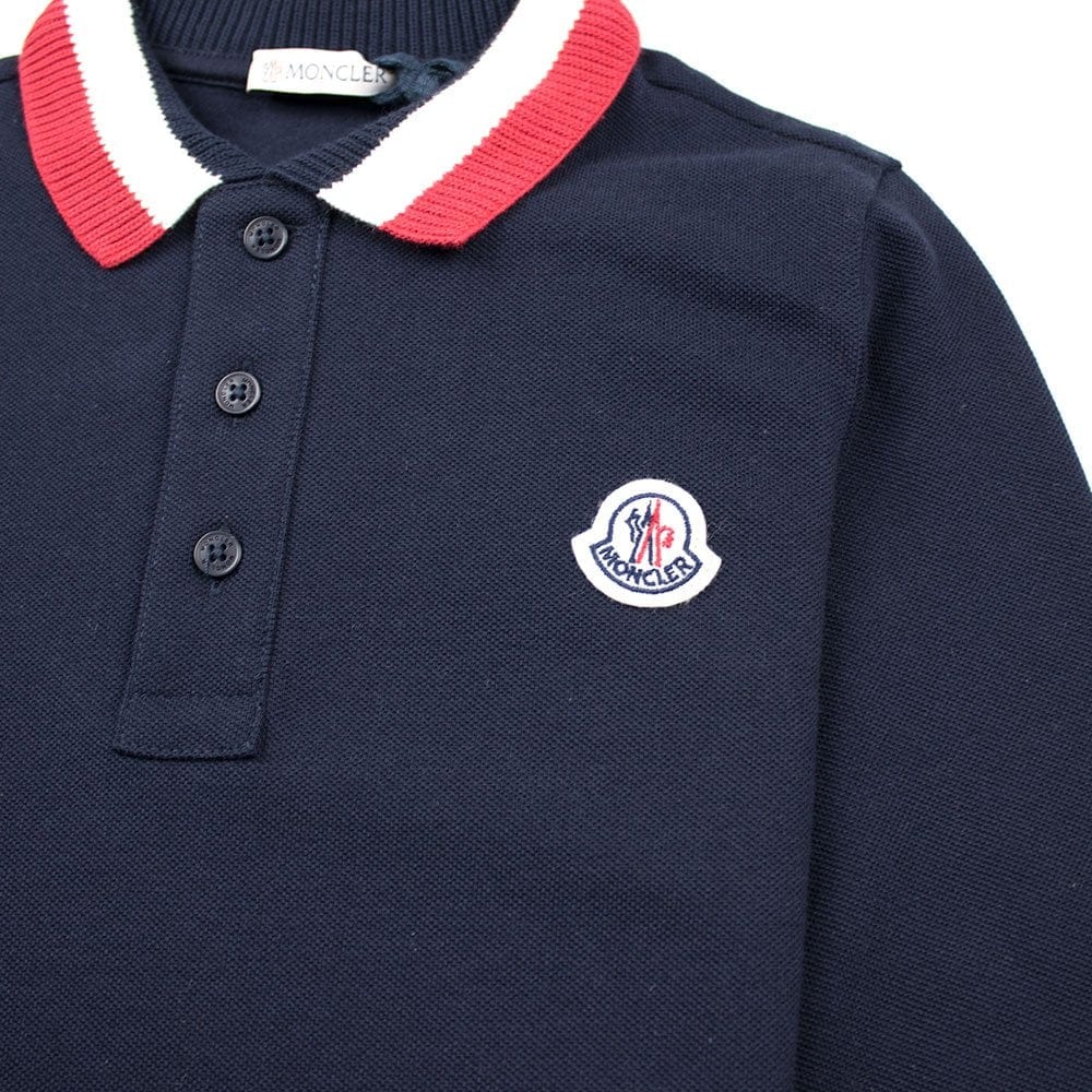 Moncler Junior Tri Collar Long Sleeve Polo Shirt Navy