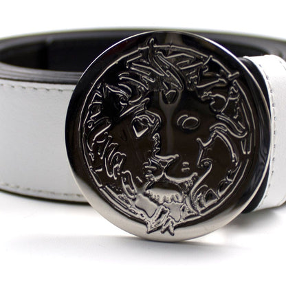 Versace Versus Engraved Round Lion Head Belt White