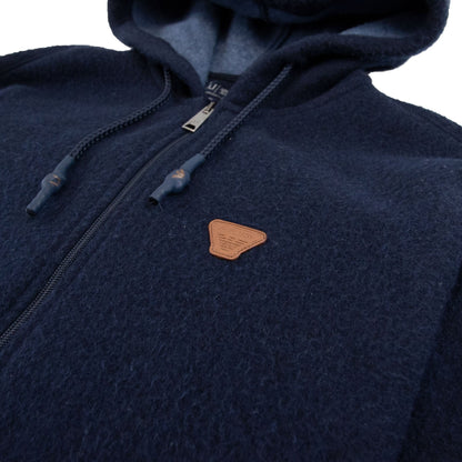 Armani Jeans Fleece Leather Logo Hoody Navy