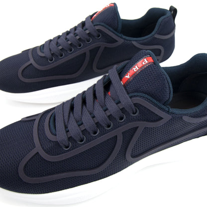 Prada Americas Cup Rubber-Trimmed Mesh Sneakers Blue/white