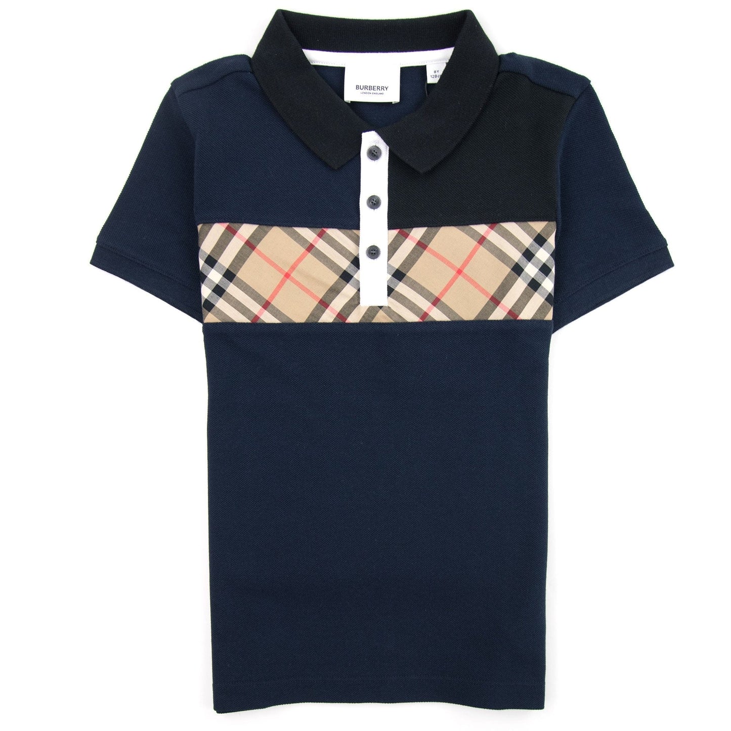 Burberry Children Jeff Panelled Check Cotton Polo Shirt Navy