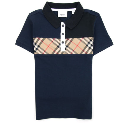 Burberry Children Jeff Panelled Check Cotton Polo Shirt Navy