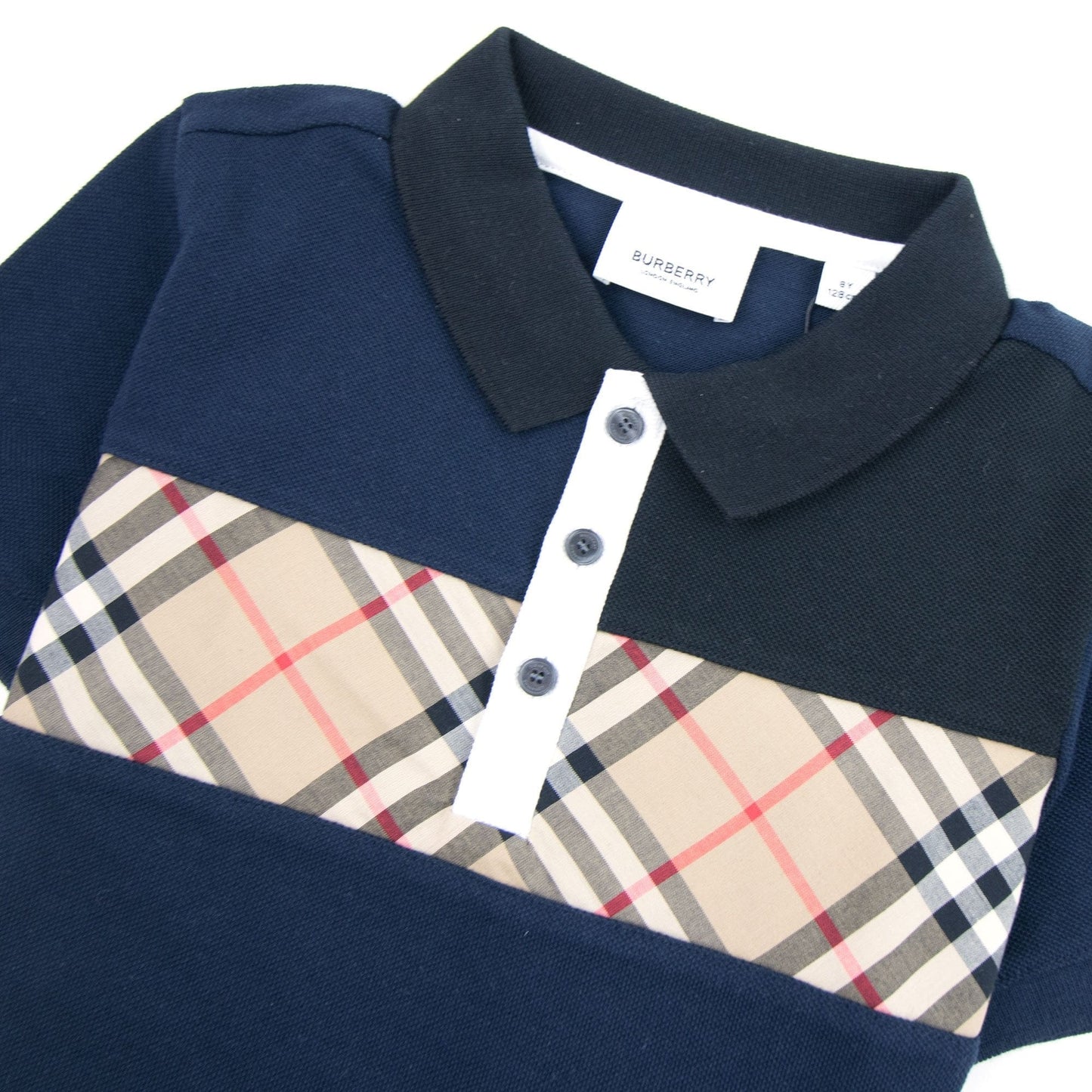 Burberry Children Jeff Panelled Check Cotton Polo Shirt Navy