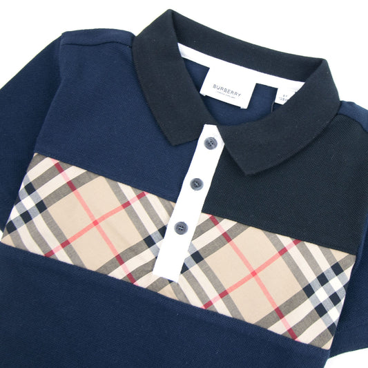 Burberry Children Jeff Panelled Check Cotton Polo Shirt Navy