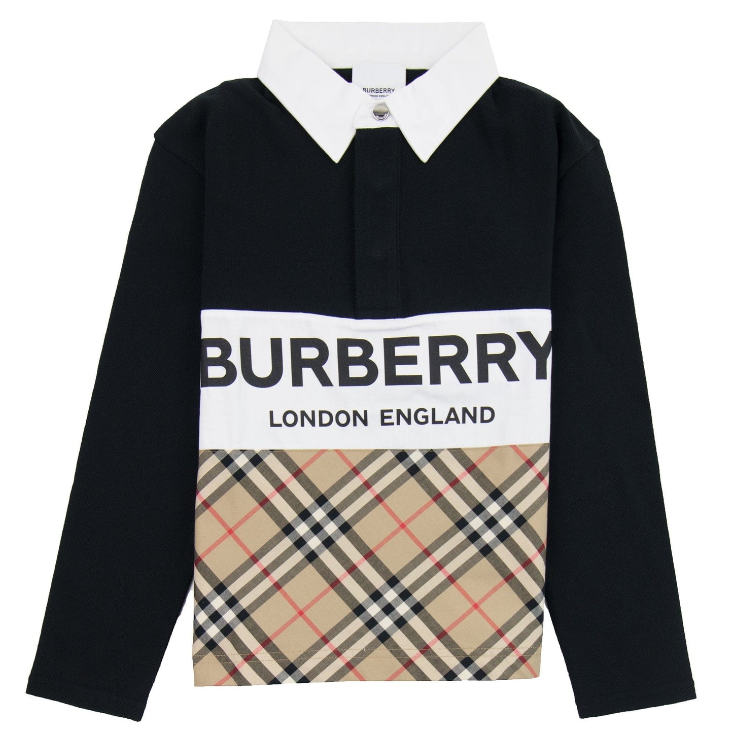 Burberry Children Logo Print Check Panel Long-sleeve Polo Shirt Black