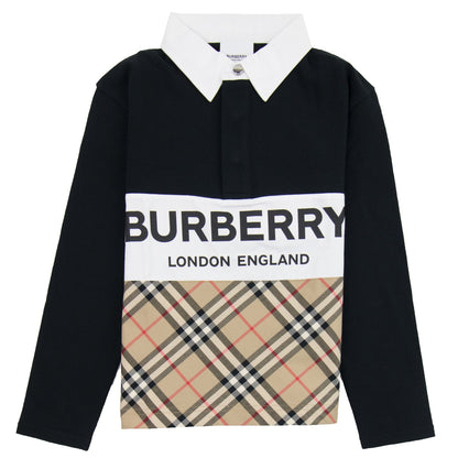 Burberry Children Logo Print Check Panel Long-sleeve Polo Shirt Black