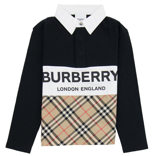 Burberry Children Logo Print Check Panel Long-sleeve Polo Shirt Black