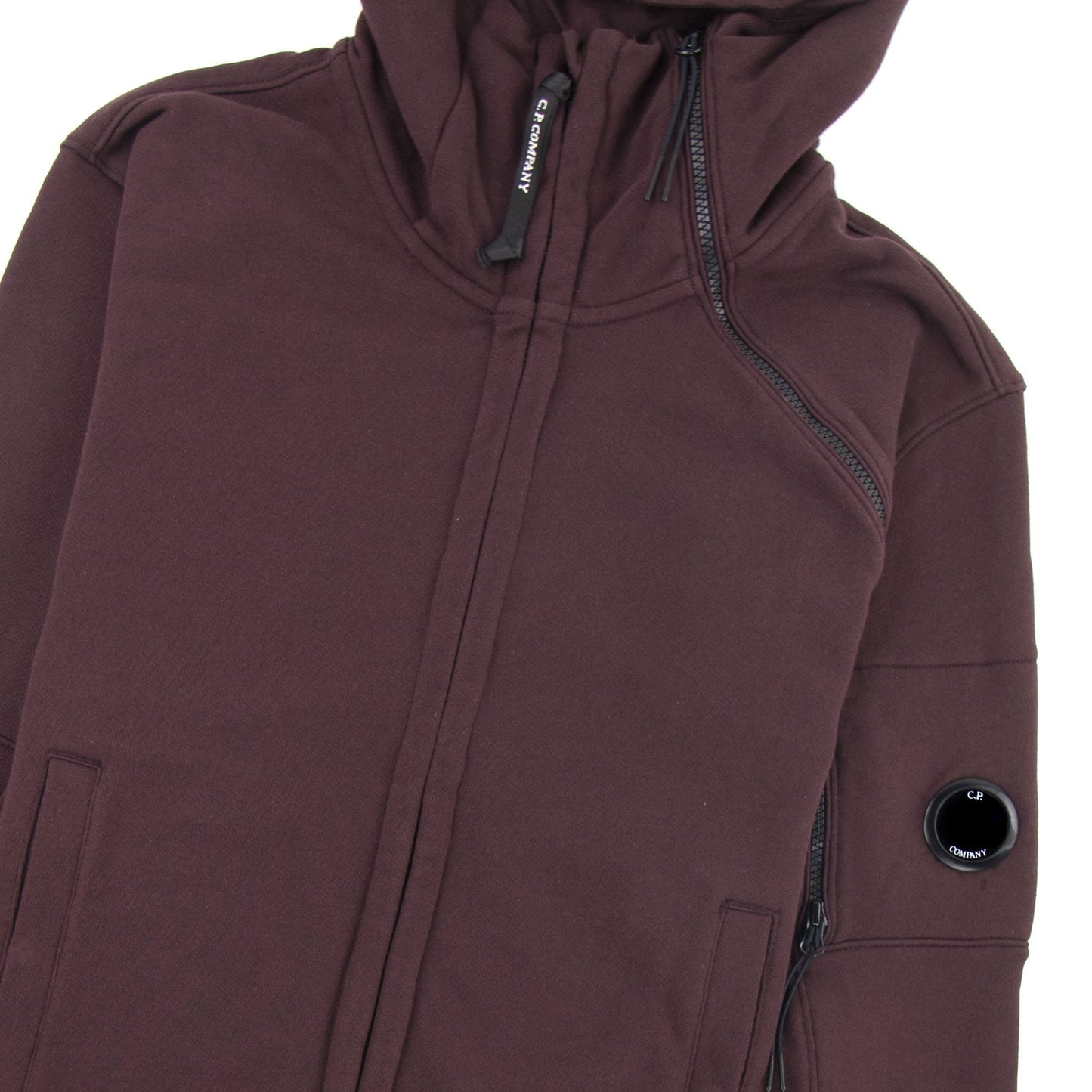 CP Company Diagonal Raised Fleece Double Zip Lens Hoodie Bitter Chocolate 593