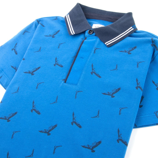Armani Junior All Over Eagle Print Polo Shirt Blue