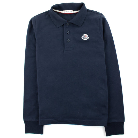 Moncler Junior Logo Collar Long Sleeve Sleeve Polo Navy