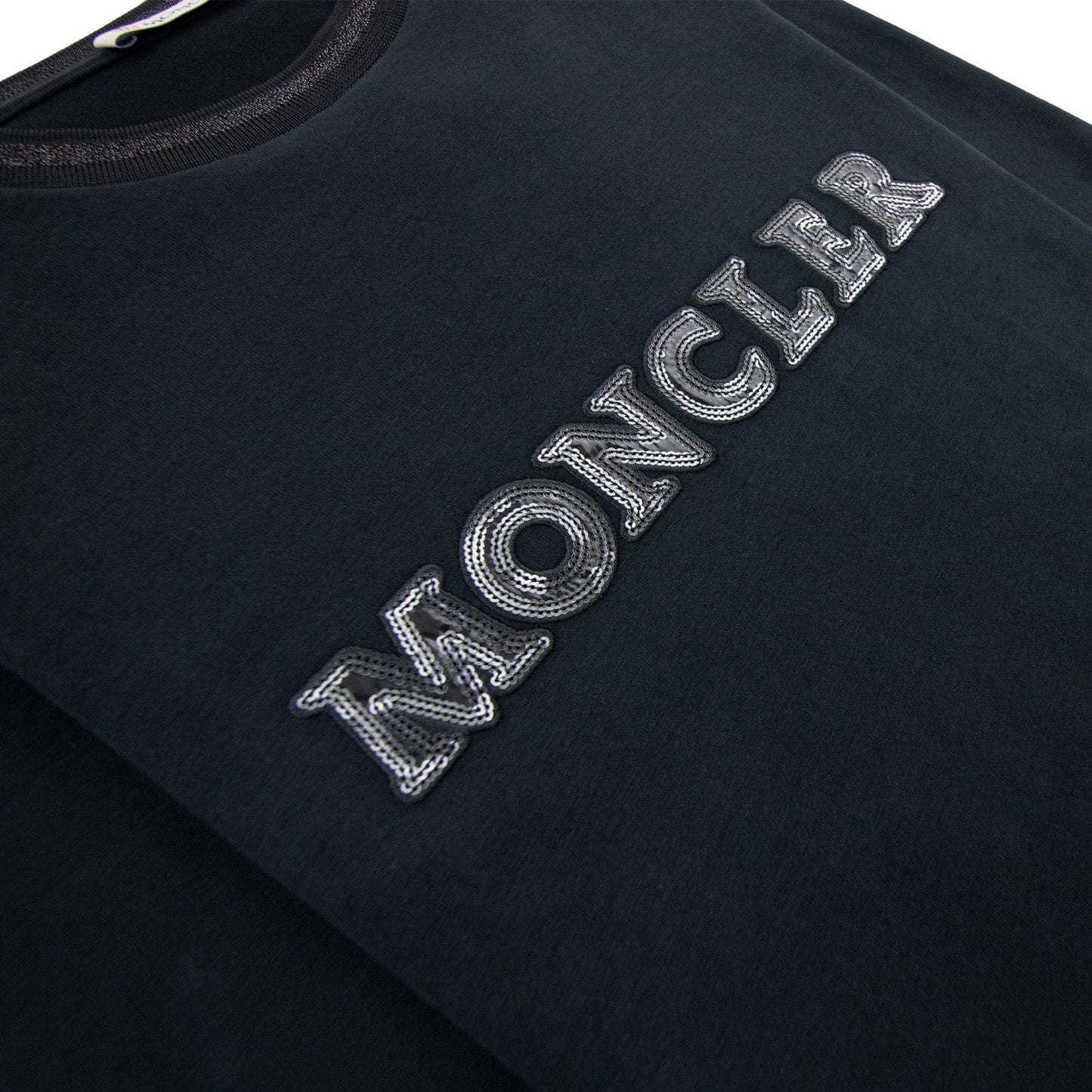 Moncler Junior Sequin Logo Long Sleeve T Shirt Black 999